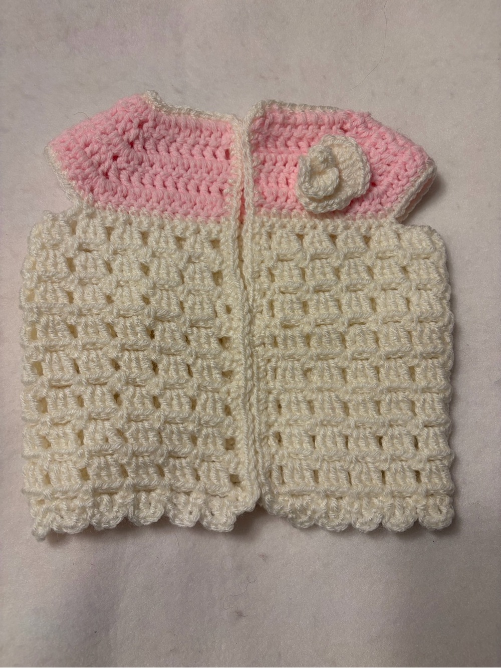 Handmade New Crochet Infant Pink and White Vest Or Dress With Flower 3-6 Mos